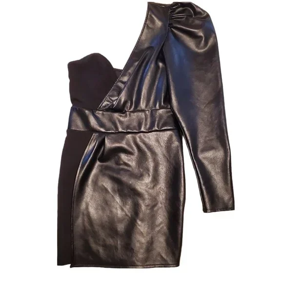 Nasty Gal | Dresses | Nasty Gal Black One Shoulder Faux Leather Long Sleeve  Mini Dress Size 6 | Poshmark